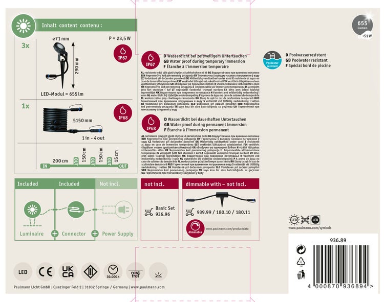 Informationen zur Entsorgung und Produktkennzeichnung der Paulmann Licht GmbH mit Barcode und Recyclinghinweisen.