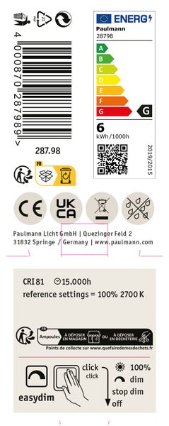 Energieetikett und Produktinformationen für Paulmann LED Leuchtmittel 28798 mit Easydim Funktion