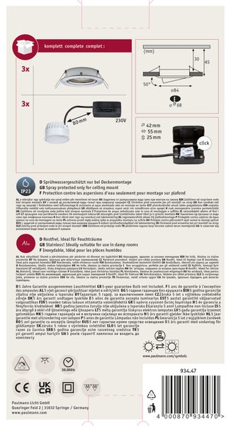 Technisches Datenblatt für ein Einbaustrahler Set bestehend aus drei Leuchten inklusive Maßangaben, IP23 Schutzklasse und fünf Jahren Garantie.