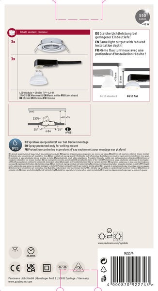 Paulmann LED Einbaustrahler Set Nova LED in Chrom, 3 Stück, 550 Lumen, 4,9 Watt, GU10 Sockel, 2700 Kelvin warmweiß, 5 Jahre Garantie, Paulmann Logo.