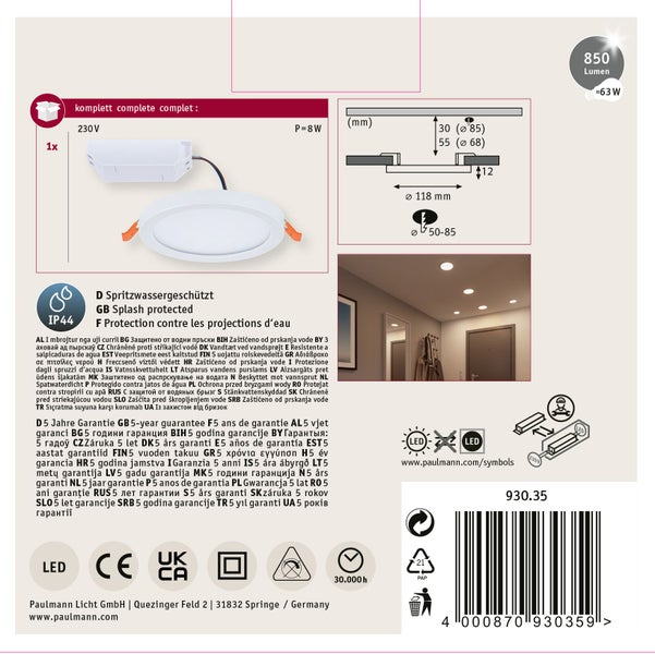 Paulmann LED Einbaustrahler mit 850 Lumen und IP44 Schutzart inklusive technischer Zeichnung und Montagehinweisen.