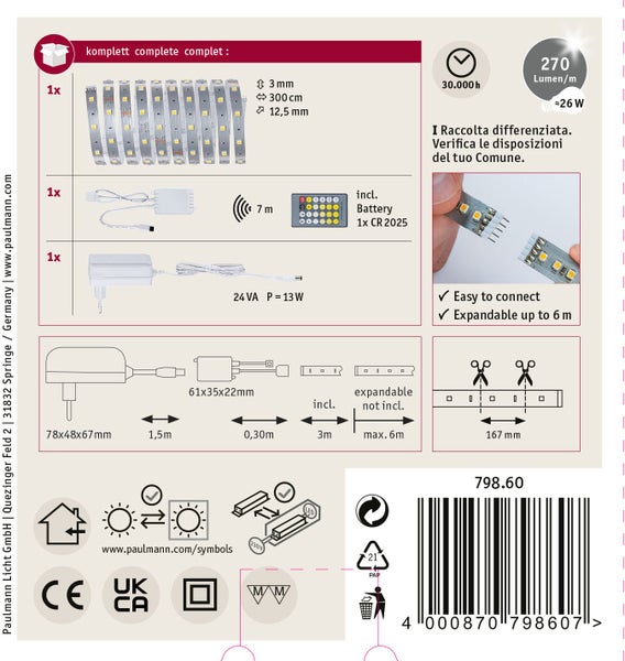 Paulmann LED Strip Set 3 Meter mit Fernbedienung, Netzteil und Steuereinheit, erweiterbar bis 6 Meter, 30.000 Stunden Lebensdauer.