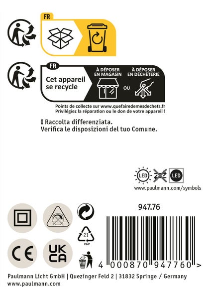 Informationen zur Entsorgung und Produktkennzeichnung des Paulmann Licht Produkts mit Barcode 4000870947760 inklusive CE und UKCA Konformität.