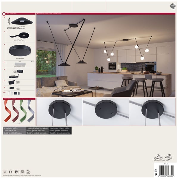 Paulmann Seilsystem Wohnraumbeleuchtung mit LED Leuchten, inklusive Montagezubehör und Aufbauanleitung für moderne Raumgestaltung.