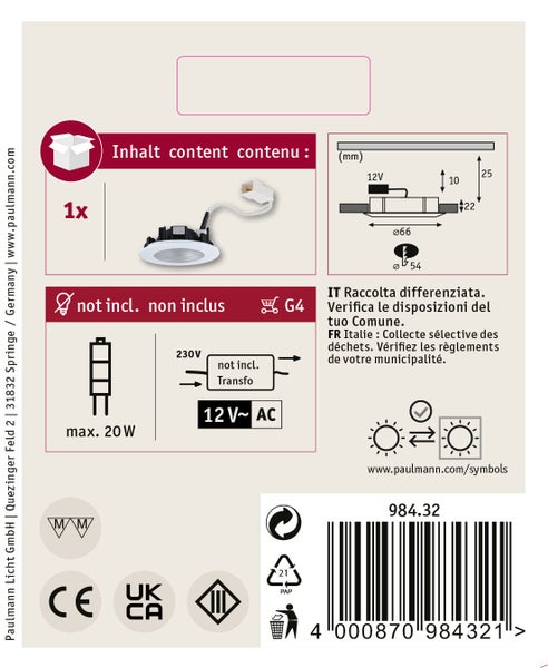 Paulmann Einbaustrahler Verpackungsrückseite mit technischen Informationen, Maßen und Symbolen.
