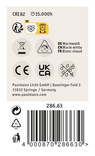 Europäisches Energielabel für Paulmann Modell 28663, Energieeffizienzklasse G, Energieverbrauch 3 Kilowattstunden pro 1000 Stunden.