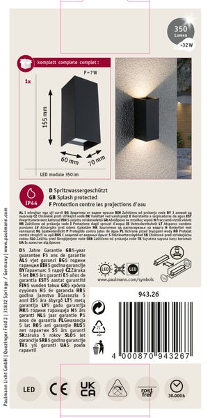 Rechteckige LED Wandleuchte für den Außenbereich mit 350 Lumen und IP44 Schutzart für Spritzwasser