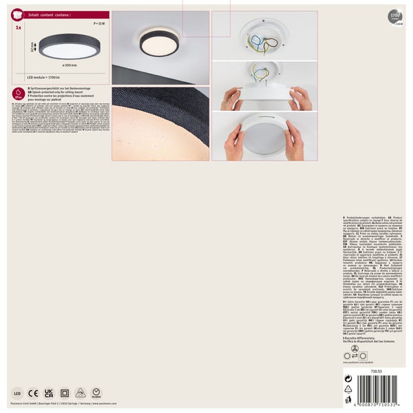 Runde LED Deckenleuchte mit 300 Millimeter Durchmesser und Montageanleitung auf der Produktverpackung.