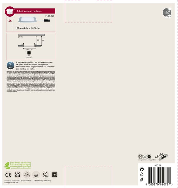 Technische Daten und Montagehinweise für Paulmann LED Deckenleuchte mit 1800 Lumen, 19,5 Watt und IP44 Schutzart für Deckenmontage.