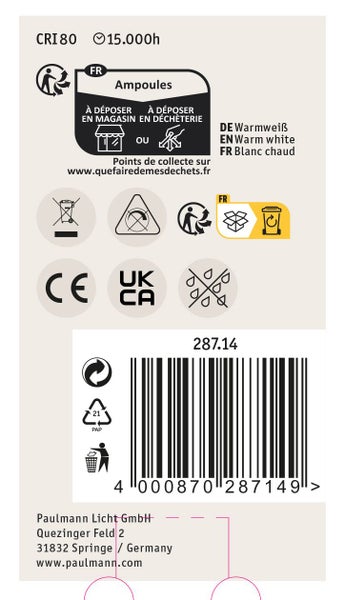 Produktetikett mit technischen Daten, Entsorgungshinweisen, CE Kennzeichnung, UKCA Kennzeichnung und Strichcode von Paulmann Licht.
