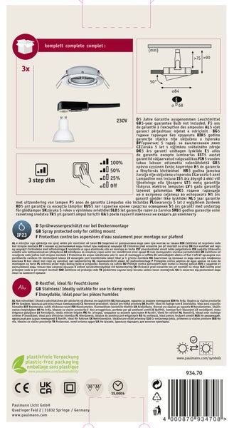 Set aus 3 LED Einbauleuchten mit 3 Stufen Dimmfunktion, IP23 Spritzwasserschutz, rostfrei und geeignet für Feuchträume, 5 Jahre Garantie.