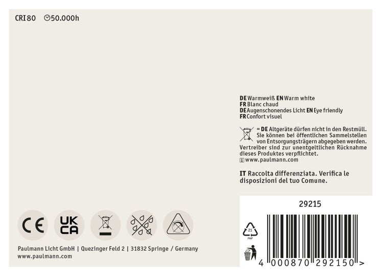 Produktverpackung mit technischen Daten zur LED Lichtquelle, Informationen zur Entsorgung und Paulmann Licht Logo.