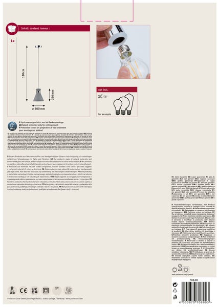Technische Zeichnung und Produktinformationen einer Deckenleuchte mit IP44 Schutzart, Montageanleitung und Leuchtmittelhinweis.