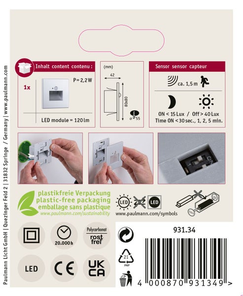 Produktverpackung eines Paulmann LED Einbauleuchten Moduls mit Bewegungsmelder inklusive technischer Daten und Montageanleitung.