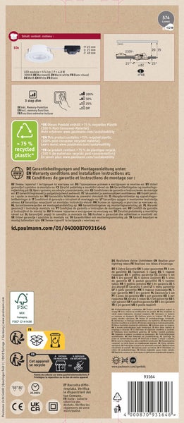 Set mit 10 LED Einbaustrahlern inklusive technischer Zeichnungen, Dimmfunktionen und Informationen zu Recyclinganteil und Garantie.