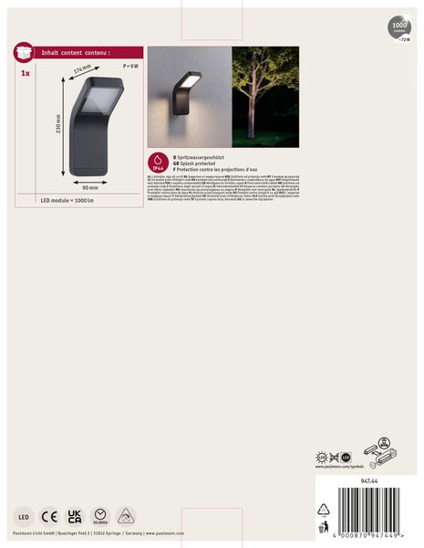 LED Außenwandleuchte Kulma seewasserresistent IP44 90x230 mm 3000K 7,5W 520lm 230V Anthrazit Aluminium