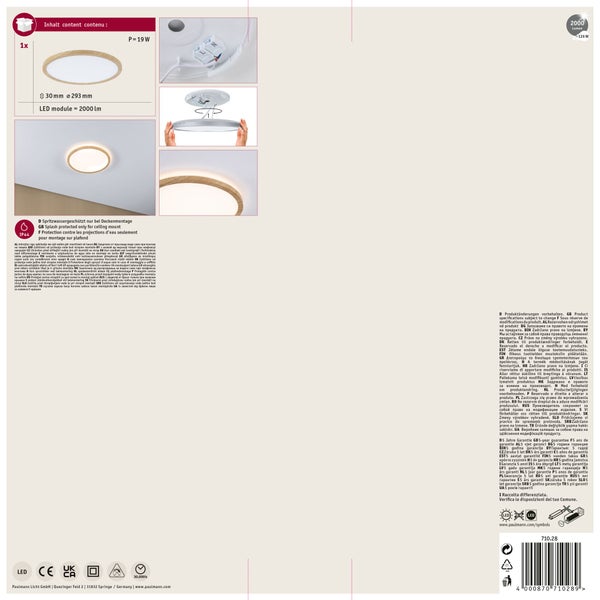 LED Deckenleuchte mit Holzoptik, 19 Watt, 2000 Lumen, 293 Millimeter Durchmesser, IP44 Spritzwasserschutz, für Deckenmontage geeignet.