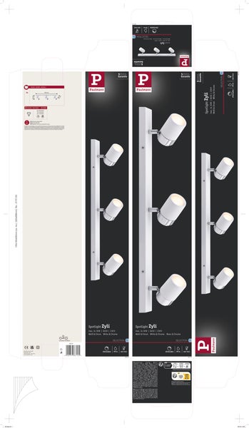 Paulmann LED Strahler Zyli als Verpackungsansicht mit Produktinformationen und technischen Merkmalen wie dimmbar und Schutzart IP44.