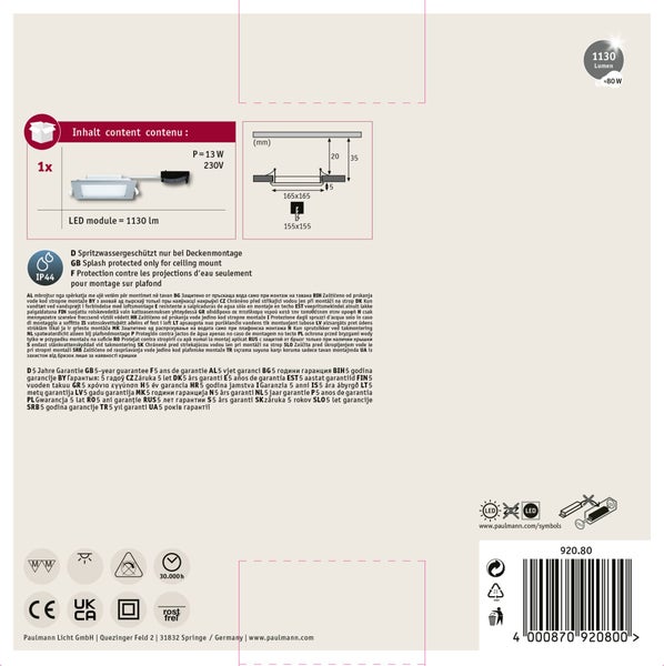 Technisches Datenblatt für Paulmann LED Deckenleuchte mit IP44 Spritzwasserschutz, 1130 Lumen, 13 Watt und 5 Jahren Garantie.