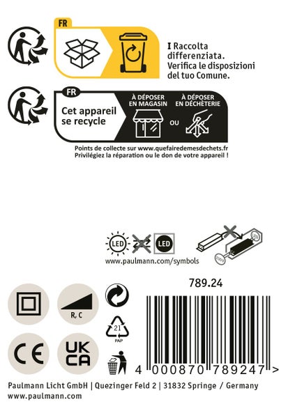 Recyclinginformationen, Entsorgungshinweise, technische Symbole und Barcode mit Produktnummer 789.24 für Paulmann Licht Produkte.
