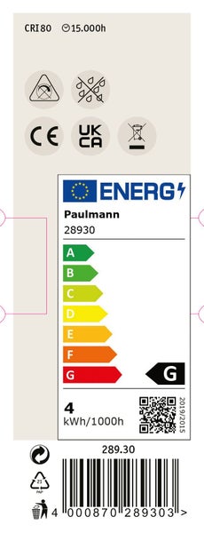 Energieeffizienzlabel Paulmann 28930 mit Klasse G und technischen Spezifikationen wie 4 Kilowattstunden pro 1000 Stunden und 15000 Stunden Lebensdauer