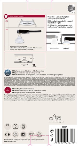 Paulmann Nova LED Einbaustrahler Dreierset in Weiß matt, GU10 flat, 550 Lumen, 4,9 Watt, IP44 Spritzwasserschutz, warmweißes Licht, Aluminium.
