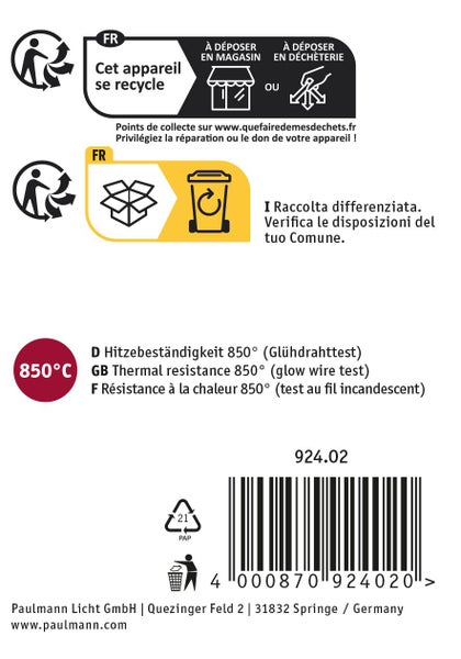 Produktetikett mit Entsorgungshinweisen, Hitzebeständigkeit 850 Grad Glühdrahttest, Strichcode und Herstellerinformationen Paulmann Licht GmbH.