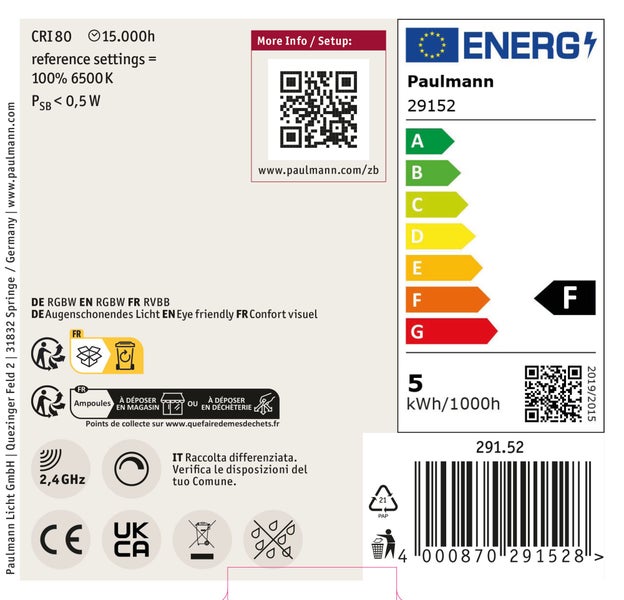 Paulmann Energielabel, Energieeffizienzklasse F, 5 kWh pro 1000 Stunden