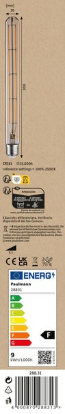 Die Verpackungsseite einer langen schmalen Produktverpackung mit Produktinformationen, Hinweisen zur Entsorgung und CE Kennzeichnung.