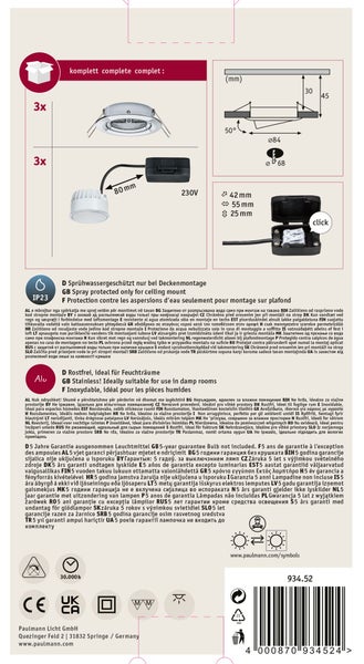 Set mit drei Einbaustrahlern aus Edelstahl für Feuchträume, IP23 spritzwassergeschützt bei Deckenmontage, 5 Jahre Garantie ohne Leuchtmittel.