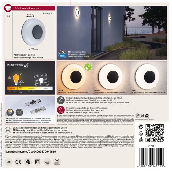 LED Außenwandleuchte Aureva IP65 rund 220 mm 2200 - 4000K 20,5W 1730lm 230V Anthrazit, Weiß Polycarbonat