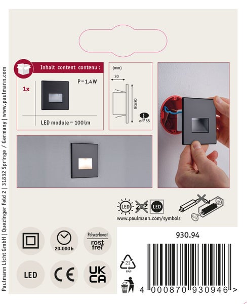 LED Wandeinbauleuchte Edge Quadro eckig 80x80 mm 1,2W 50lm 230V 2700K Schwarz matt