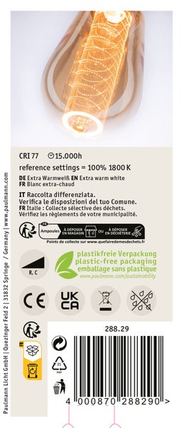 LED Filamentlampe 1800 Kelvin extra warmweiß mit technischen Spezifikationen und Entsorgungshinweisen auf der Verpackung.