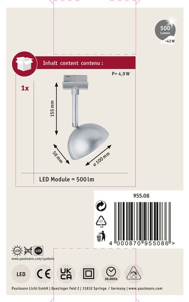 Paulmann URail Spot Hemi in Chrom matt mit Verpackung, warmweiße Lichtfarbe 3000 Kelvin, 500 Lumen, 4,9 Watt und fünf Jahre Garantie.