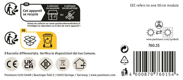 EU-Energielabel Paulmann 50000025840: Energieeffizienzklasse F, Energieverbrauch 2 Kilowattstunden pro 1000 Stunden.