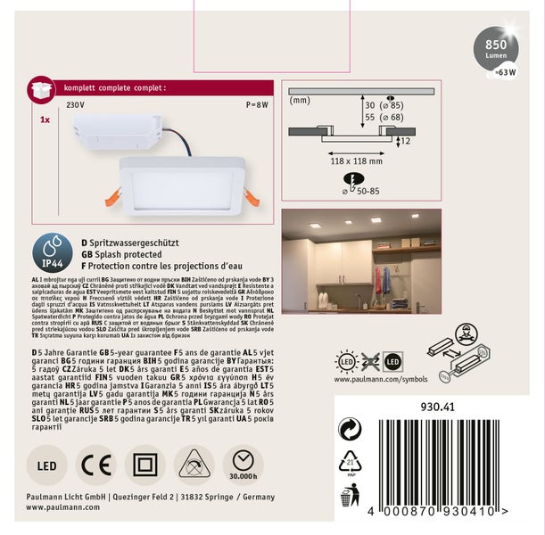 Quadratische LED-Einbauleuchte mit den Massen und Garantieinformationen