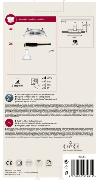 Set mit drei Paulmann Einbaustrahlern aus Edelstahl, IP44 spritzwassergeschützt für Feuchträume, dimmbar in drei Stufen, 230 Volt.