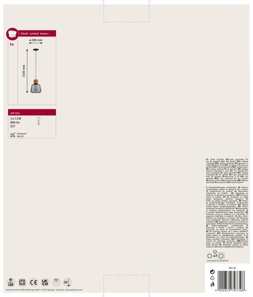 Technische Zeichnung einer Pendelleuchte mit Maßangaben 208 Millimeter Durchmesser und 1100 Millimeter Höhe sowie Leuchtmittelhinweis Paulmann Logo.