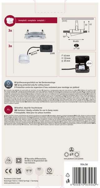 Technisches Datenblatt und Montageanleitung für ein Set von drei LED Decken Einbaustrahlern mit Maßangaben und Schutzart IP23.