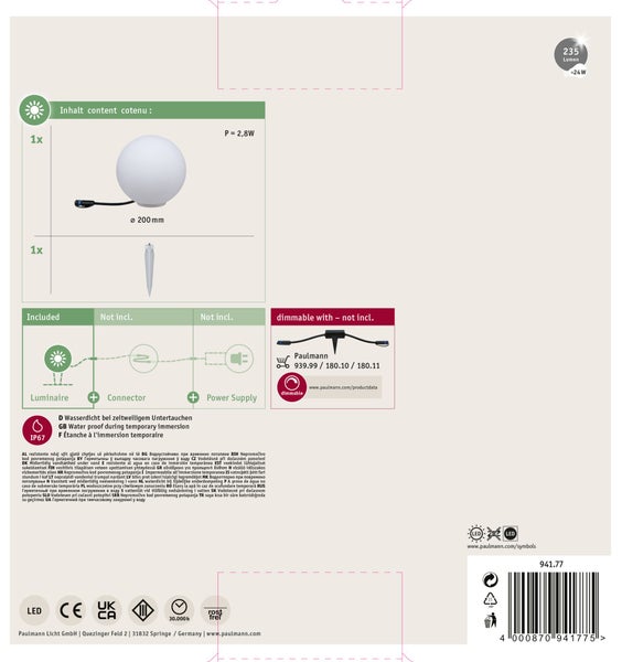Produktblatt für eine LED Leuchte mit Angaben zu Lieferumfang, Abmessungen, Leistung und technischer Ausstattung von Paulmann Licht.