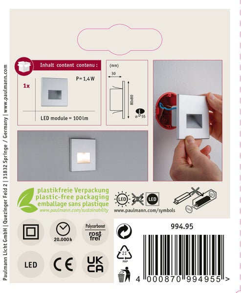 Paulmann LED Wandeinbauleuchte in quadratischer Form inklusive Montageanleitung und technischer Daten wie Lichtstrom und Abmessungen.