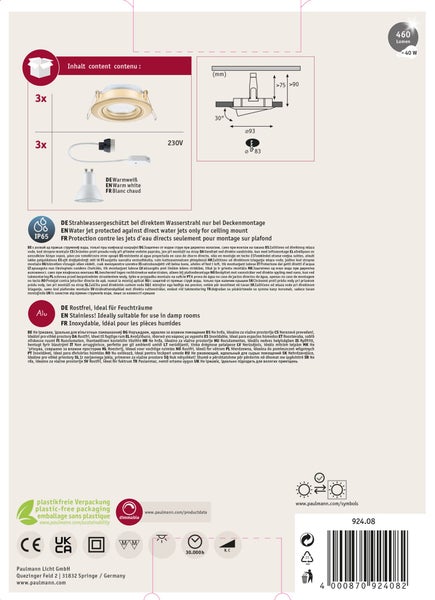 Technische Produktinformationen und Installationshinweise für einen Einbaustrahler mit Schutzart IP65 und warmweißer Lichtfarbe.