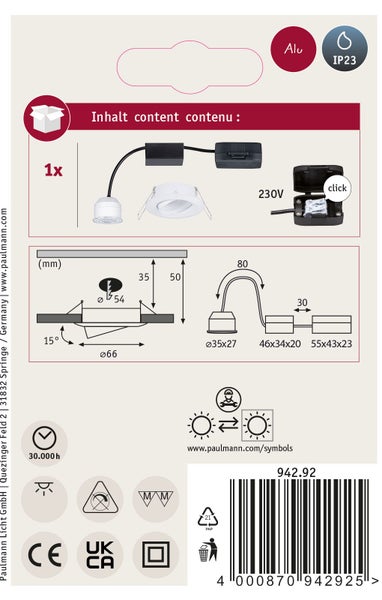 Paulmann Einbauleuchte Aluminium IP23 mit technischer Zeichnung, Montagehinweisen und Barcode.