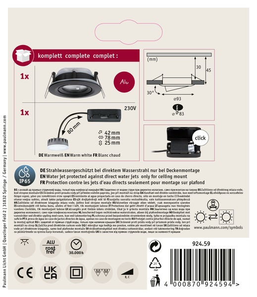 Montageanleitung und technische Details für ein Einbauleuchten Set aus Aluminium mit IP65 Schutzklasse für die Deckenmontage.