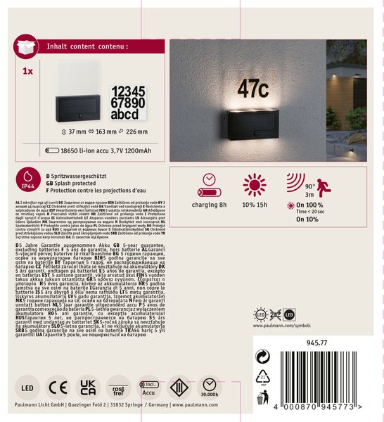 Solar LED Hausnummernleuchte Neda Bewegungsmelder IP44 3000K 27lm Anthrazit