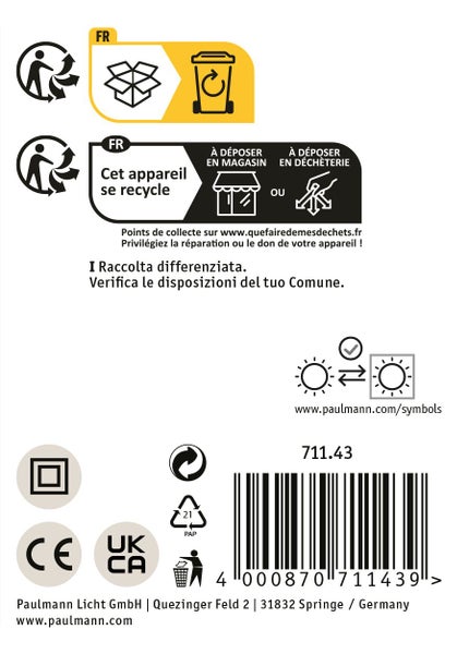 Entsorgungshinweise und Kennzeichnungen auf der Produktverpackung von Paulmann Licht.