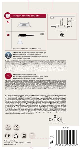 Set mit drei LED Einbauleuchten, IP44 spritzwassergeschützt für Feuchträume, inklusive Installationsskizze und technischen Produktdaten.