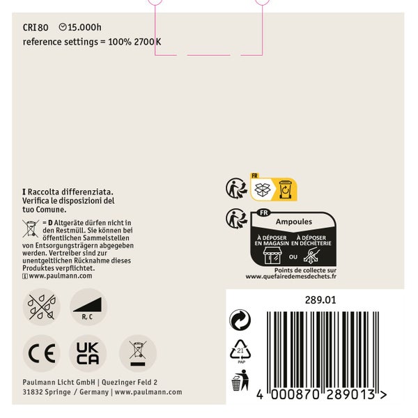 Technische Angaben und Entsorgungshinweise fuer Paulmann Leuchtmittel inklusive Barcode.