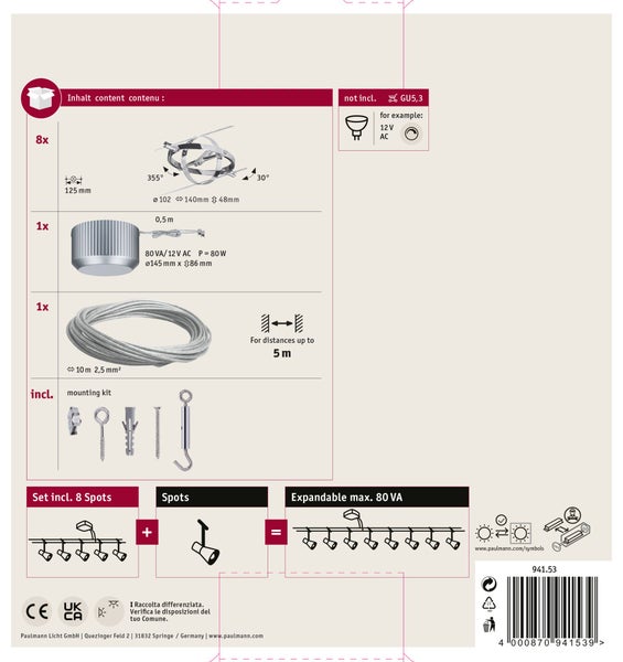 Seilsystem Cardan Basisset GU5,3 max. 8x10W dimmbar 230/12V Chrom matt, Chrom