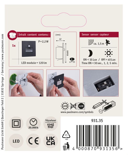Produktverpackung Paulmann LED Wandeinbauleuchte mit Bewegungsmelder, technische Daten, Montageanleitung und Symbole.